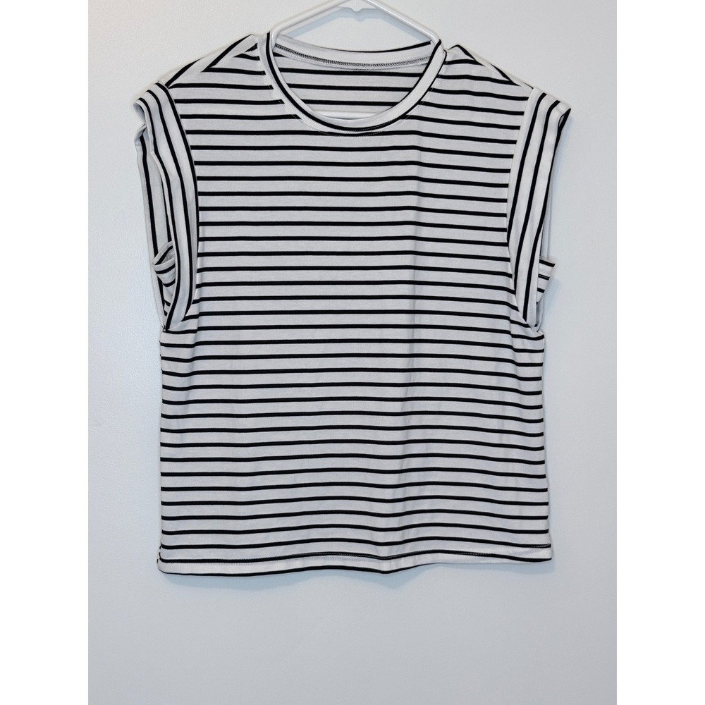 Striped Sleeveless Muscle Tee Black White Small [